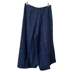 Kokomarina Linen Pants Womens M Navy Blue Grid Cropped Wide Leg Boho Coastal